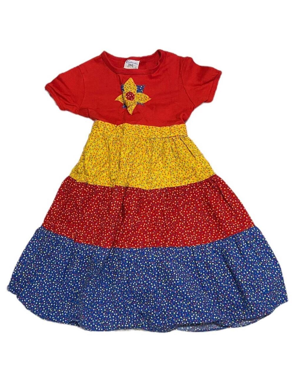 VIntage 1960's Cinderella Girls Dress Tiered Floral Print Size 7 Red Yellow Blue